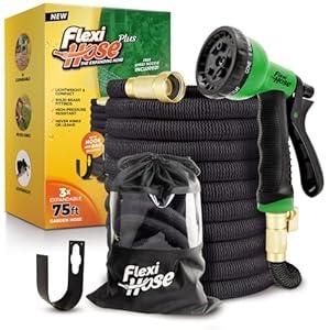 Flexi Hose PLUS with 8 Function Nozzle Expandable Garden Hose, Lightweight & No-Kink Flexible Garden Hose, 3/4 inch Solid Brass Fittings and Double Latex Core, 75 ft Black