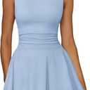 IWD Womens Ruffle Hem Boat Neck Mini Dress Ruched Corset Waist Holiday Party Dress Sleeveless Flowy A Line Cute Short Sundresses Light Blue X-Small