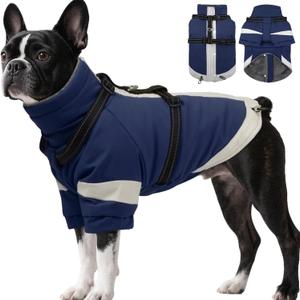 Dog Winter Coat with Adjustable Reflective Harness Built in -M | Turtleneck Water-Repellent Coats with Sleeves for Small Dogs Boy,Cold Weather Clothes,Warm Jacket for Schnauzer (Navy-Blue) (MediumChest 20.9")