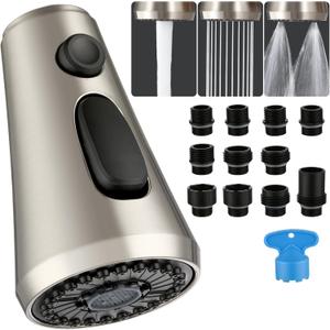 Kitchen Faucet Head Replacement with Pull Down Spray Head,3 Function Faucet Sprayer Attachment- Faucet Sprayer Nozzle with 11 Adapters, Compatible with Delta, Kohler, Moen, Brushed Nickel