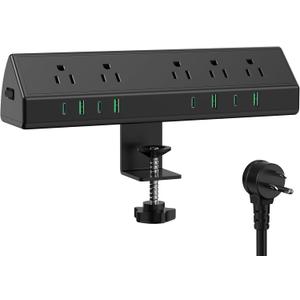45W Fast Charging Station,Desk Clamp Power Strip,4 PD USB-C Ports,5 AC Outlets,Surge Protector Power Strip, 14AWG Heavy Duty Cord, Fits 1.9" Tabletop Edge (Black, 10 FT Cable)