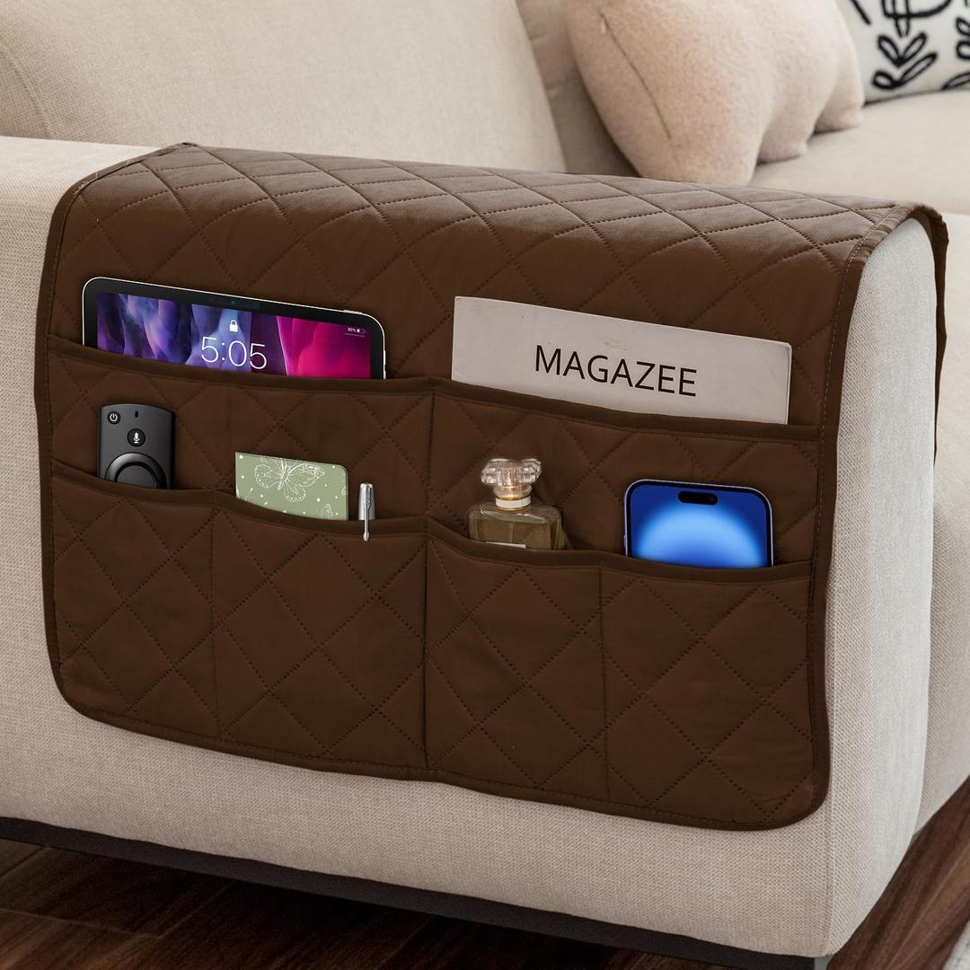 Remote Control Holder for Recliner Non-Slip Armchair Caddy Couch Armrest Organizer, Arm Chair Bedside Caddy Storage Organizer for Recliner Couch With 6 Pockets for Magazine, Phone, iPad (Brown)