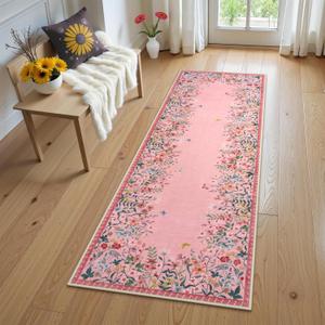 Wonnitar 2x6 Runner Rug for Hallways, Pink Floral Bathroom Rugs Non Slip Washable, Low Pile Soft Botanical Runner for Girls Bedroom Laundry Room Bedside (Pink,2'x6')