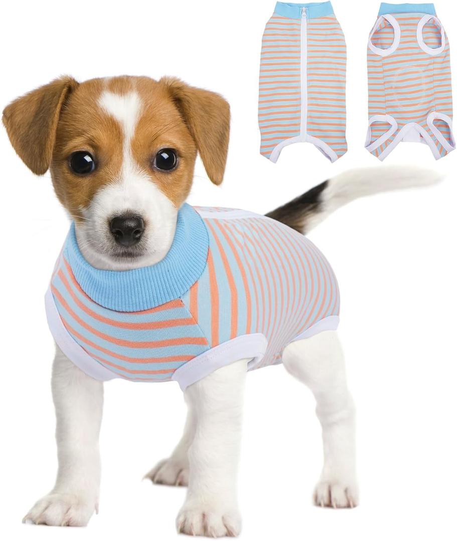 BRKURLEG Recovery Suit for Small and Medium Dogs, Dog Surgical Recovery Suit Male Female for Spay, Male Dog Body Suits After Surgery, Prevent Licking Soft Breathable Cotton Covers Wound, XS (Blue Orange Stripes)