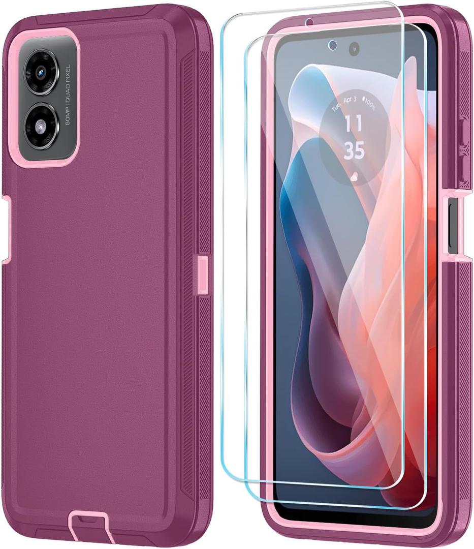 Qinmay Phone Case for Motorola Moto G 5G 2024 Case with HD Screen Protector, Heavy Duty Shockproof & Dropproof 3-Layer Cover Phone Case for Moto G 5G 2024 (6.6"), WineRed Pink