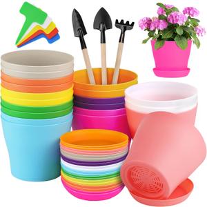 Hahood 20 Pack Plastic Planters 5.5 Inch Plant Flower Pot with Trays, Seedlings Nursery Pots Planter Flower Container Seed Pots for Seedling, Transplanting, Cutting, Assorted 10 Colors