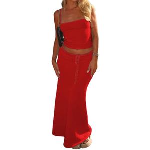 Ulovmi Women's 2 Piece Skirt Set Strap Crop Cami Top High Waist Maxi Skirt (Red, XL)