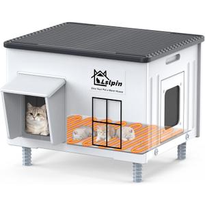 Indestructible Heated Cat House for Outside, 100% Waterproof & Weatherproof Outdoor Heated Cat House with Escape Door for Winter, Insulated Feral Cat Warming Shelter for Barn Patio, 22x17x17.5 in