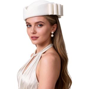 Vintage Wool Pillbox Hat Womens Dress Fascinator with Bow Formal Church Wedding Teardrop Hat (White)