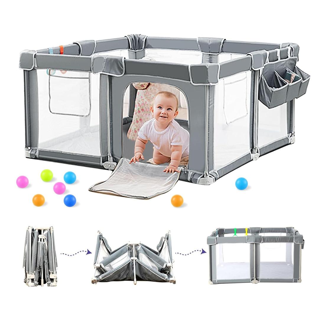 CAPAKIDS Foldable Baby Playpen 59"71" with Mat, Out-of-The-Box Ready Playpen for Babies and Toddlers, Portable Play Yard with Breathable Mesh & Gates, Storage Bag & 4 Handlers for Indoor & Outdoor