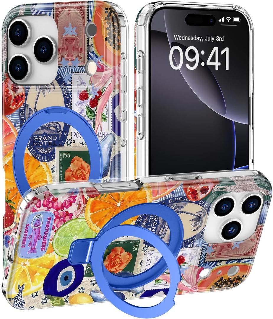 DEENAKIN for iPhone 17 Pro Case - Wireless Charging Compatible - Integrated Multi-Functional Kickstand - Protective Phone Case with Trendy Cute Designs for Women - European Summer Collage