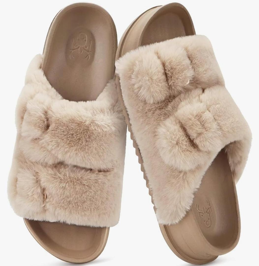 KuaiLu Women's Fluff Slippers Plantar Fasciitis Arch Support Platform Slippers Ladies Fashion Open Toe Faux Fur Sliders Womens House Slipper Size 8