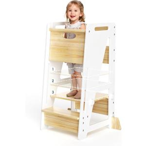Toddler Standing Stool with Sliding Door, 3-Height Adjustable Kitchen Step Stool for Kids, Sturdy Wooden Learning Tower with Non-Slip Feet, Ages 18 Months6 Years, White