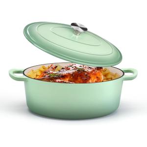 P&P CHEF Oval Dutch Oven with Lid, Enameled Cast Dutch Oven Pot for Bread Baking, Braising, Stewing, Roasting, Non-Stick & Oven Safe, Dual Handles & Easy Clean, 5QT & Pistachio Green, Valentine's Day