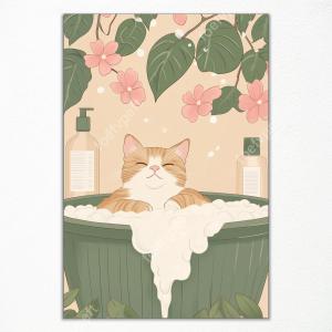 Rustic Japanese Canvas Wall Art, Japan Cat Bathroom Aesthetic Poster, Tabby Cat In Bathtub Print, Neutral Pink Flowers and Green Leaves Picture, Restroom Cute Animal Painting 12x16in Unframed
