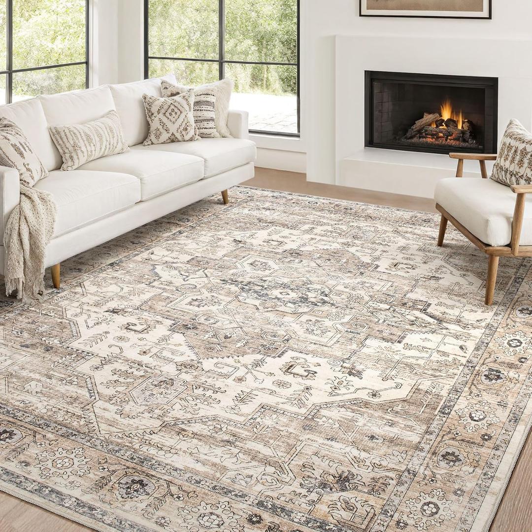 Area Rug 10x12 Washable Vintage - Soft Traditional Rugs for Living Room Large Non Slip Backing with Low Pile Farmhouse Oriental Retro Carpet for Bedroom Dining Room or Home Office - Tea Brown