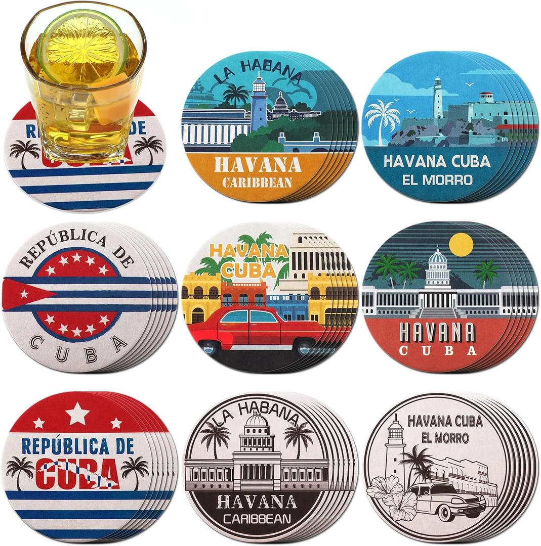 FoldTier Set of 48 Havana Print Disposable Paper Drink Coasters for Bar Bulk 4 Inch Round Cup Beer Coasters Absorbent for Havana Nights Party Supplies Summer Hawaii Tropical Table Decoration