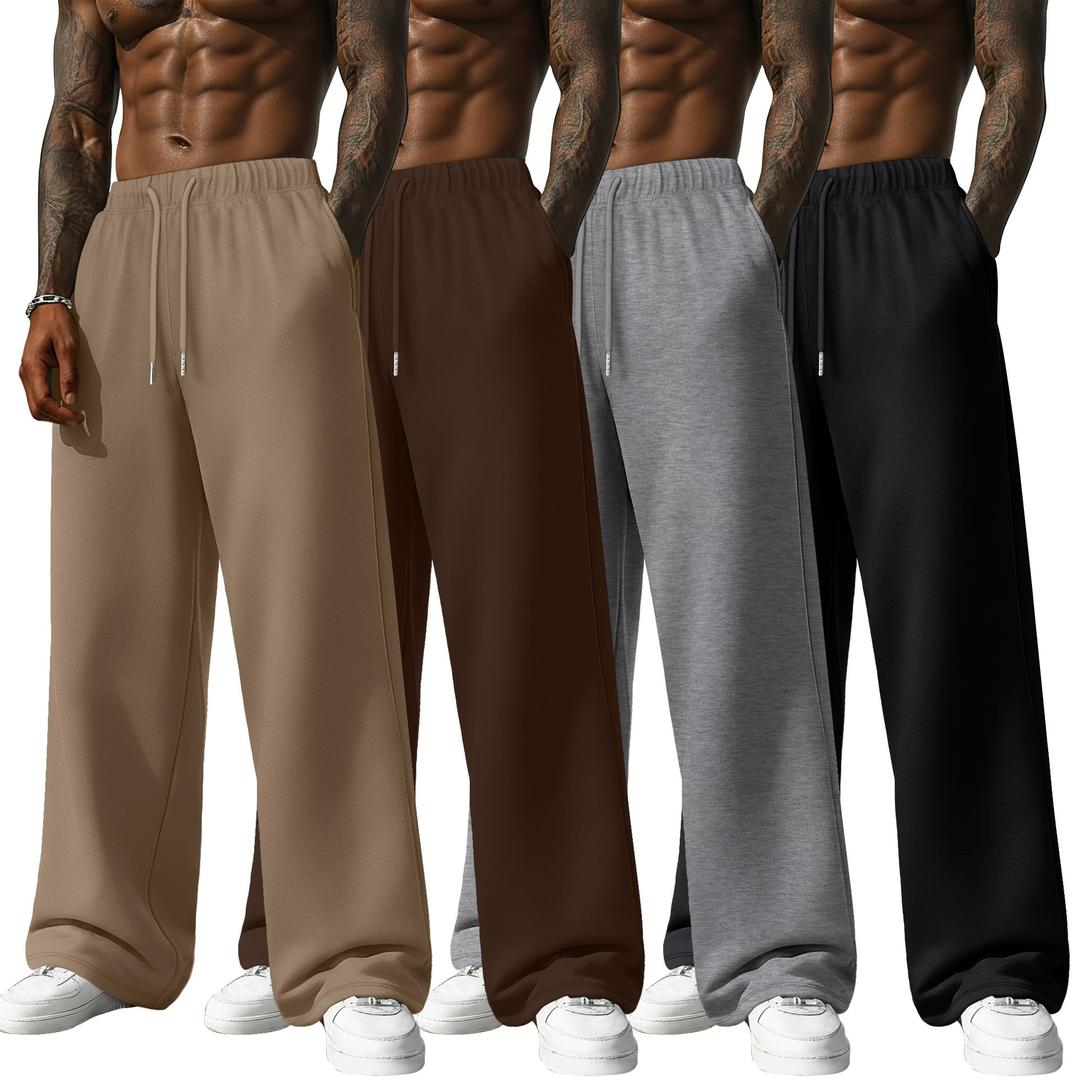 Neer 4 Pack Men's Lightweight Sweatpants Summer Wide Leg Drawstring Open Bottom Pants Gym Baggy Lounge Joggers with Pockets(Mocha, Charcoal Gray, Brown, Black,Large) 
