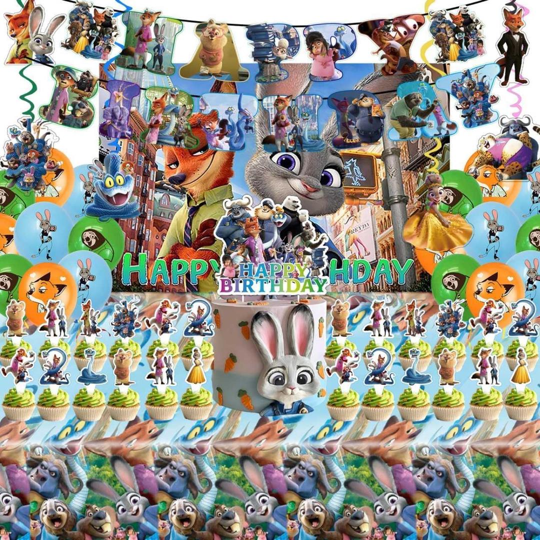 49PCS Zootopia2 Birthday Party Supplies, Backdrop, "Happy Birthday" Banner, Tablecloth, Large Aluminum Balloon, Small Aluminum Balloons, Latex Balloons, Cake Topper, Cupcake Toppers, Hanging Swirls