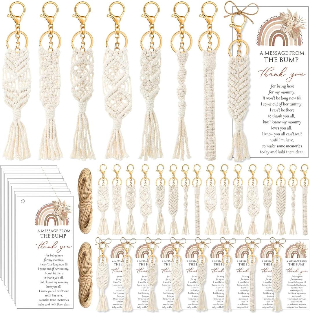 24 Sets Boho Baby Shower Favors for Guests Bohemian Macrame Keychains Bulk Crochet Tassel Key Rings with Thank You Cards for Girls Boys Baby Shower Gifts Birthday Party Favors (Rainbow)