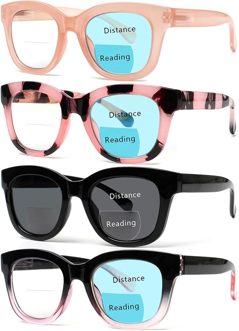 Henotin 4 Pack Bifocal Reading Glasses include Sun Readers for Women Oprah Style Square Blue Light Blocking Eyeglasses (Mix Color, 1.00, x)