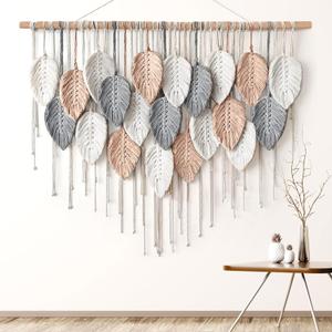 Alynsehom Large Macrame Wall Hanging, Boho Woven Tapestry, Chic Modern Bohemian Handmade Leaf Feather Wall Art Home Decor for Apartment Dorm Living Room Bedroom Nursery Backdrop (39" W X 29.5" L)