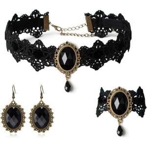 Gothic Victorian Style Vampire Choker Necklace Bracelet Earrings Set, Halloween Pirate Steampunk Witch Vampire Costume Accessories Jewelry for Women, Adjustable Size (Black-Style 1)