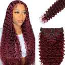 #99J Burgundy Clip in Hair Extensions Human Hair, Burgundy Deep Wave Remy Human Hair Extensions Clip ins for Women, 14 Inch 120g 7Pcs, Wine Red Hair Extension