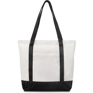 Canvas Tote Bag with Zipper and Zip Pockets Thick Canvas Durable Reusable Grocery Shopping Beach Bag Large Capacity Washable Shoulder Bag for Women Black White (Black/Natural (Large, 17.7 Inches))