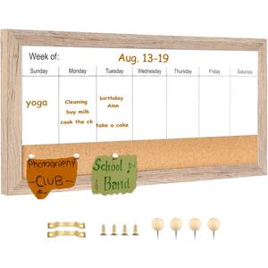 Magnetic Weekly Dry Erase White Board and Cork Board,Rustic Brown Wood FrameMagnetic Surface Whiteboard for Home Office and Wall Decor(ZHZL-2040QZ) (16"W x 7.9"H)