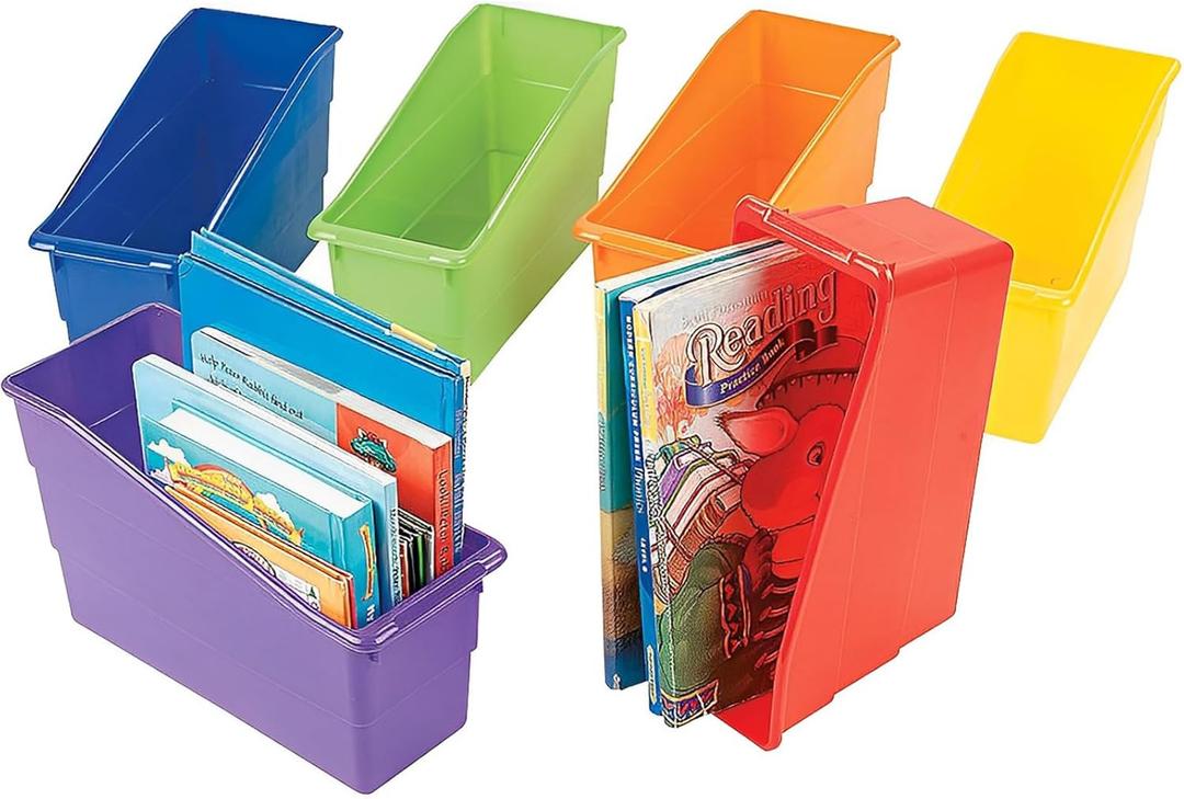 Fun Express Magazine Holder Book Bins 6 Pack - Heavy-Duty Plastic Bins for Organization | Folder Organizer for Classroom Storage, Home Office & Teacher Organization | Multi-Color Set 5x12.5x7.25