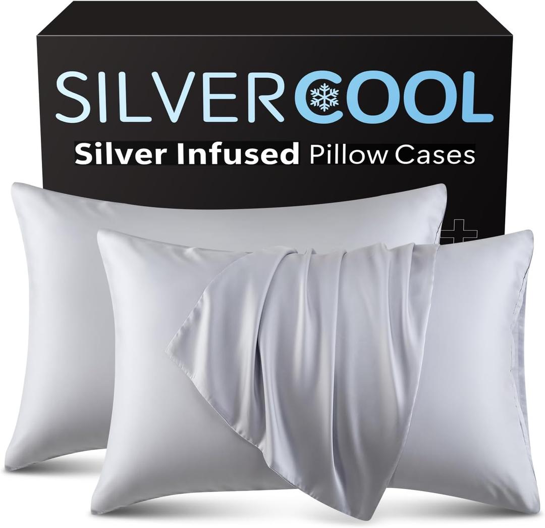 Silver Infused Set, Cooling Pillow Cases with 7% Silver, Stays Fresh & Silky Soft Better Than Silk, Set of 2 Cool Pillowcases with Envelope Closure for Hot Sleepers and Night Sweats Queen, Grey (Gray)