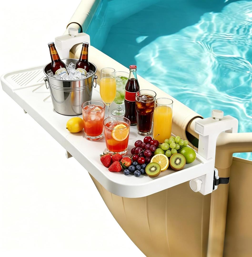 winemana Pool Bar for Above Ground Pool, 38.4 x 12 Inch Adjustable Poolside Table Foldable Swimming Pool Shelf Fits Round Oval Rectangle Frame Pools Outdoor Drink Tables for Deck Patio, White