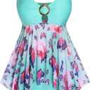 Rosegal Women Plus Size Two Piece Flowy Tankini Swimsuits Butterfly Floral Print Modest Bathing Suit with Boyshorts (Blue) XL