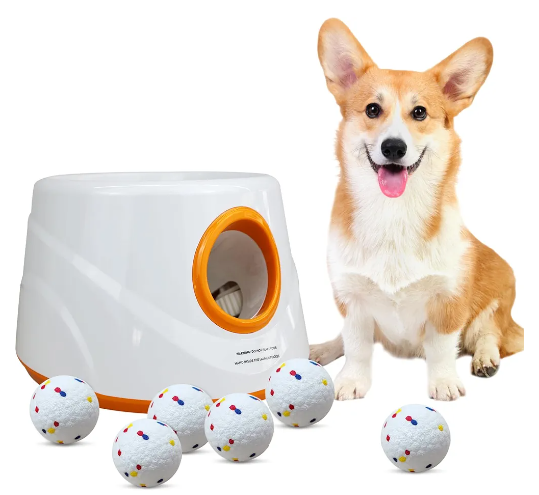 Automatic Ball Launcher for Dogs with 6pcs 2.3 Inch Etpu Tennis Balls,Thrower Distance 20-45ft,interacive Dog Toys for Indoor/Outdoor for Small Or Medium Dogs (Medium)