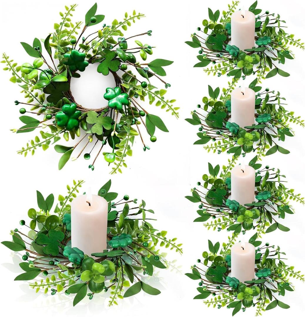6 PCS St Patrick's Day Shamrocks Candle Ring Wreaths Artificial Green Glitter Foam Shamrock Candle Ring Lucky Irish Berry Clover Candle Holder Wreath for Table Centerpieces Home Door Chair Decoration