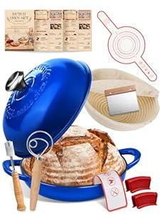 Dutch Oven Bread Baking Pot with Lid 6QT Cast Iron Design & Complete Sourdough Kit (Banneton Basket, Dough Tools, Silicone Sling) for Artisan Bread Making (Blue)
