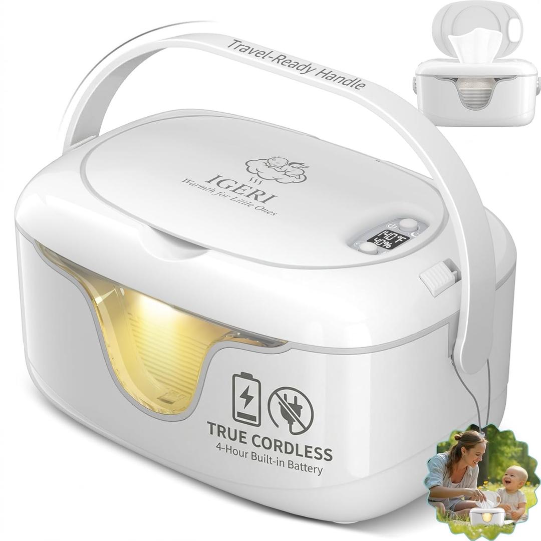 Portable Baby Wipe Warmer - Cordless Rechargeable Wet Wipes Dispenser for Travel & Car Battery Operated with Nightlight Temperature Control for On the Go