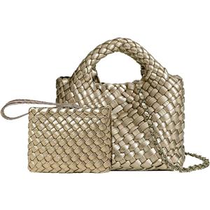 OUYGZOU Woven Tote Bag for Women with Coin Purse, Foldable Chain Small Crossbody Handbags, Fashion Shoulder Bag, Hobo Satchel (Champagne Gold)