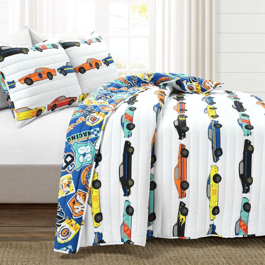 Lush Decor Race Car Kids' 3-Piece Quilt Bed Set, Reversible Bedding Set for Boys, White, Full/Queen