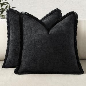 MIULEE Decorative Boho Farmhouse Throw Pillow Covers Pack of 2 Soft Cozy Couch Pillow Covers with Tassels Chenille Accent Pillowcases for Spring Sofa Bed Living Room Home Decor 18x18 Inch Black
