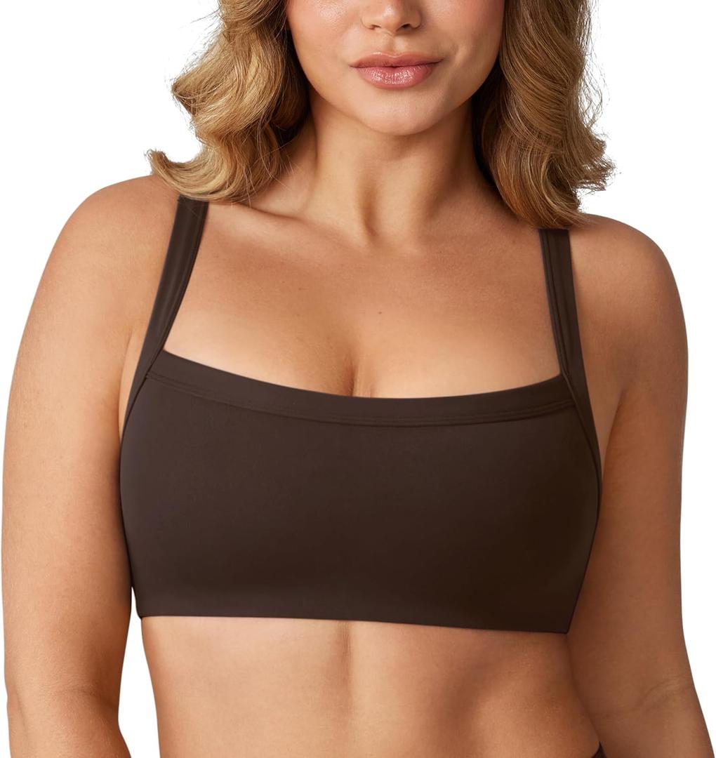 Hugcurve Adjustable Sports Bra Square Neck Wireless Padded Yoga Workout Tops (Small, Clay Brown)