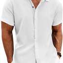 COOFANDY Men's Linen Shirts Short Sleeve Casual Shirts Button Down Shirt for Men Beach Summer Wedding Shirt White
