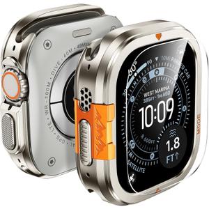 LETOID 3 in 1 Metal Case for Apple Watch Ultra 3 /Ultra 2 /Ultra Screen Protector 49mm, Stainless Steel Protective Bumper, Hard PC Back Cover and 9H Tempered Glass Film for iWatch Ultra - Titanium