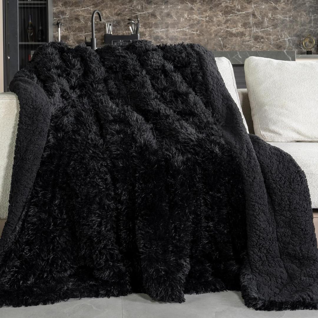 Pawque Faux Fur Blankets Twin Size 60x80 Inches, Soft Fuzzy Fluffy Blanket, Warm Thick Sherpa Long Hair Shag Reversible Lightweight Cozy Throw for Bedroom Sofa Couch, Black