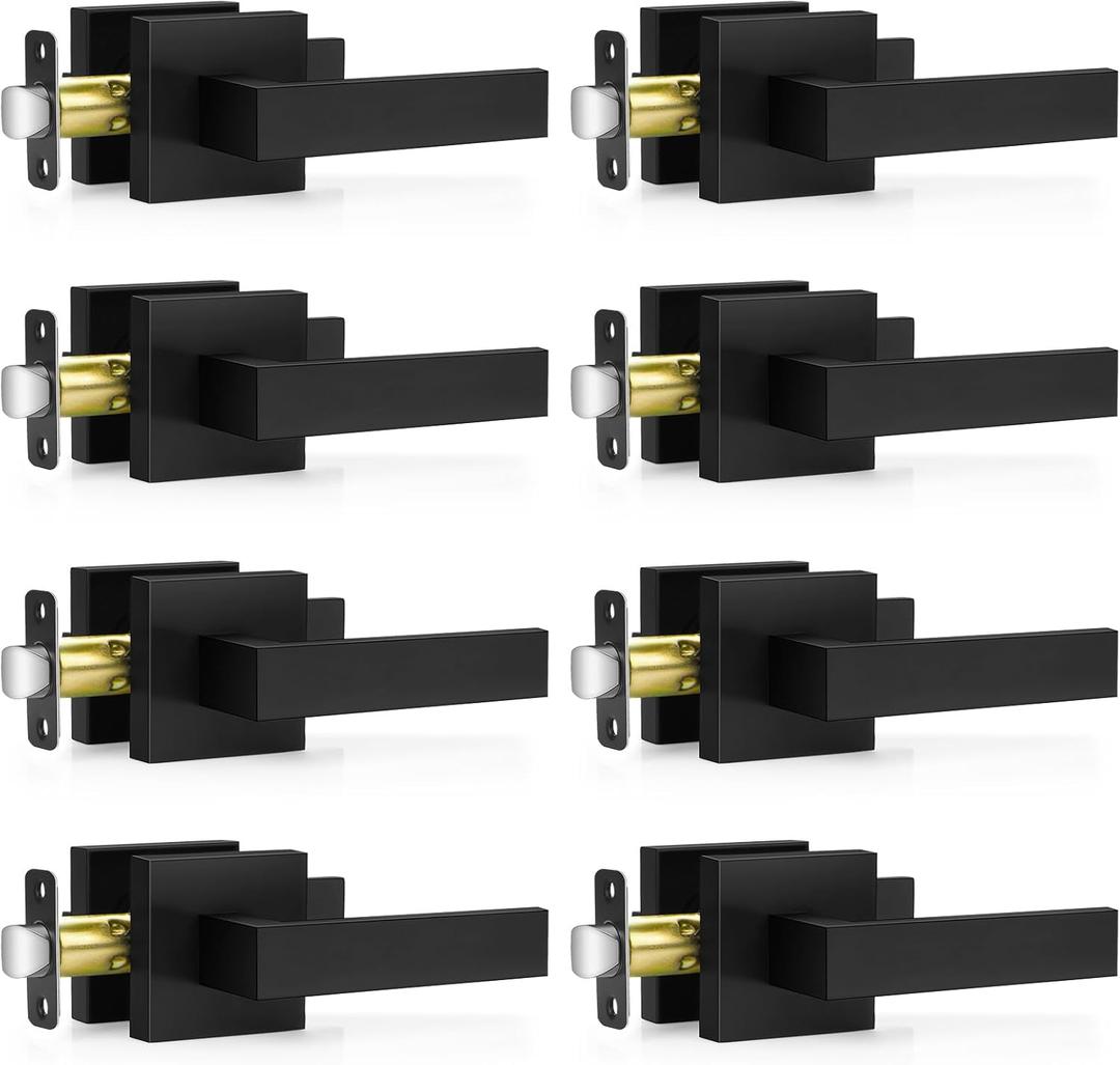 8 Pack Matte Black Door Handles, Passage Door Levers for Hallway & Closet, Interior Keyless Door Knobs Heavy Duty Square Non-Locking Handlesets(2.0lb), Reversible for Left & Right Sided Doors
