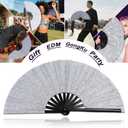 3 x Large Hand Fan Folding Rave Fans(White)-Premium Glitter Fabric & Portable Bamboo Frame for Line Dancing,EDM Festivals Gift,Club Parties,Kung Fu (silver)