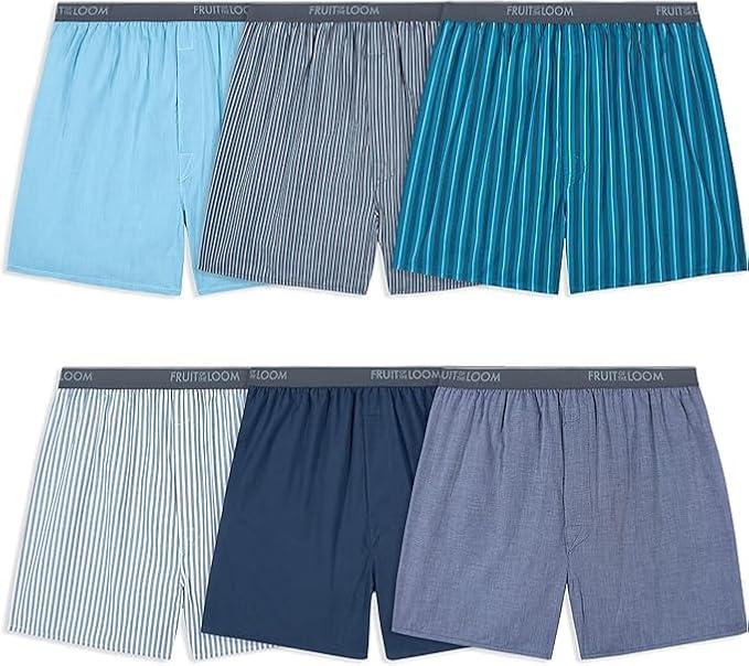 Fruit of the Loom Men's Tag Free Woven Boxer Shorts, Relaxed Fit, Moisture Wicking, Assorted Color Multipacks 3 Pcs M