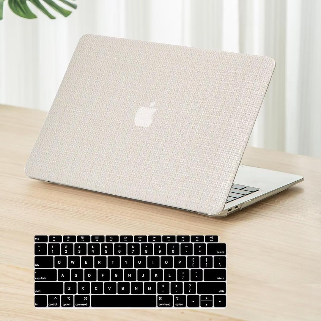 Fancity Compatible with MacBook Air 13 inch Case M1 A2337 A2179 A1932, Braided PU Leather Anti-Scratch Hard Shell Protective Case & Keyboard Cover for Mac Air 13.3 with Touch ID (2018-2021), Off White