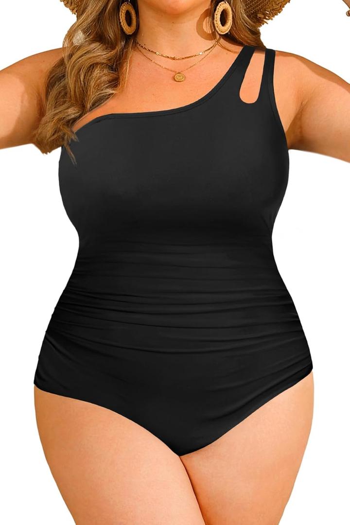 Aqua Eve Plus Size One Piece Swimsuit One Shoulder Bathing Suit Tummy Control Keyhole Swimwear (Black-1, 20 Plus)